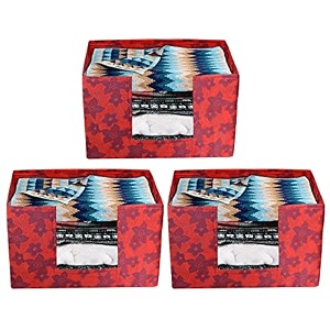 kuber industries metallic flower printed non-woven foldable saree stacker wardrobe organizer storage bin with handle- pack of 3 red-hs43kubmart26408
