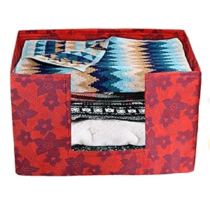 kuber industries metallic flower printed non-woven foldable saree stacker wardrobe organizer storage bin with handle redhs43kubmart026404