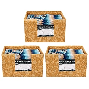 kuber industries metallic flower printed non-woven foldable saree stacker wardrobe organizer storage bin with handle- pack of 3 brown-hs43kubmart26400