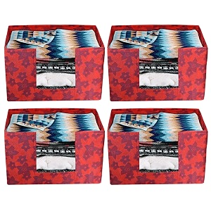 kuber industries metallic flower printed non-woven foldable saree stacker wardrobe organizer storage bin with handle- pack of 4 red-hs43kubmart26410