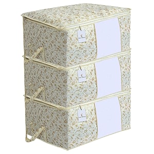 kuber industries metallic print underbed storage bag storage organiser blanket cover set of 3 - light brown extra large size-ctktc14166standard