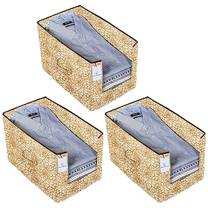 kuber industries metallic printed 3 piece non woven shirt stacker wardrobe organizer set golden amp brown - ctktc034898