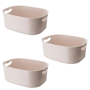kuber industries multipurpose medium storage box with handlebasket for cosmetic fruits storage 3420 l34 pack of 3 beige