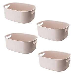 kuber industries multipurpose medium storage box with handlebasket for cosmetic fruits storage 3420 l34 pack of 4 beige