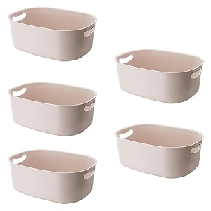 kuber industries multipurpose medium storage box with handlebasket for cosmetic fruits storage 3420 l34 pack of 5 beige