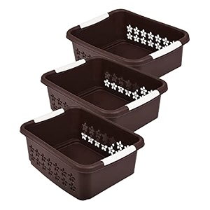 kuber industries multipurpose rectangle shape plastic storage basket for kitchen fruit basket office table storage organizer large pack of 3 brown