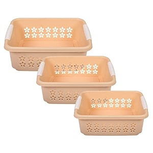 kuber industries multipurpose rectangle shape plastic storage basket for kitchen fruit basket office table storage organizer small medium large pack of 3 beige