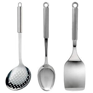 kuber industries multiuses serving amp cooking stainless steel kitchen tool amp utensil set of 3 skimmer amp spatula amp slotted turner silver