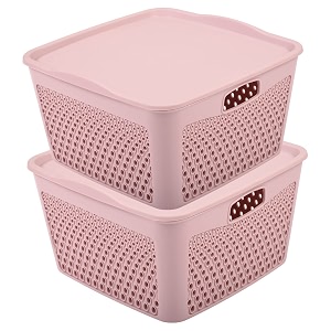 kuber industries netted design unbreakable multipurpose square shape plastic storage baskets with lid small pack of 2 pink