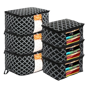 kuber industries non-woven check print 3 pieces underbed storage bag amp 3 pieces saree cover with transparent window pack of 6 black