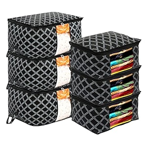 kuber industries non-woven check print 3 pieces underbed storage bag amp 3 pieces saree cover with transparent window pack of 6 black