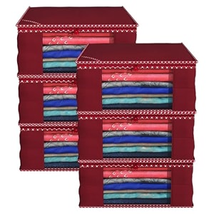 kuber industries non woven fabric saree coverclothes organizersolid color amp transparent windowzipper closure with foldable materialsize 43 x 35 x 22 pack of 6 maroon
