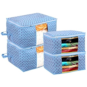 kuber industries non-woven floral print 3 pieces underbed storage bag amp 3 pieces saree cover with transparent window pack of 6 sky blue