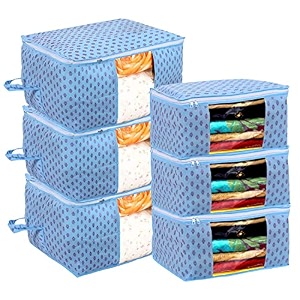 kuber industries non-woven floral print 3 pieces underbed storage bag amp 3 pieces saree cover with transparent window pack of 6 sky blue
