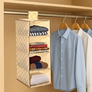 kuber industries non woven hanging 4 shelves foldable wardrobe organizer- brown-hs40kubmart23985
