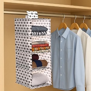 kuber industries non woven foldable 4 shelf hanging closet organizer  multipurpose wardrobecupboardclothalmirah hanging organizer  perfect for daily clothesgarment  polka dot - white