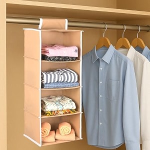 kuber industries non woven foldable 4 shelf hanging closet organizer  multipurpose wardrobecupboardalmirah hanging cloth organizer  perfect for daily clothesgarment  plain - brown