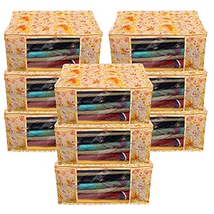 kuber industries non-woven foldable saree covers with zipnon woven clothes organiser for wardrobe floral print with transparent windowsuitable for lehenga suit dresspack of 3 cream