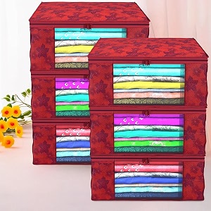 kuber industries clothes organizer for wardrobe pack of 6 - storage organizer for saree  shirts  lehanga chunni  clothes - dress organizer for wardrobe - saree covers with zip printed red