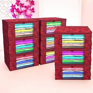 kuber industries clothes organizer for wardrobe pack of 9 - storage organizer for saree  shirts  lehanga chunni  clothes - dress organizer for wardrobe - saree covers with zip printed red