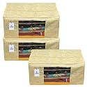 Kuber Industries Foldable saree covers with Zip|Non Woven Clothes Organiser for wardrobe |Metalic Print With Transparent Window|Suitable for Lehenga, Suit, Dress|Pack Of 3 (Yellow & Cream)