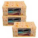 Kuber Industries Non-Woven Foldable Saree Covers With Zip|Non Woven Clothes Organiser For Wardrobe |Floral Print With Transparent Window|Suitable For Lehenga, Suit, Dress|Pack Of 3 (Cream)