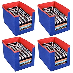 kuber industries non-woven foldable shirt stacker closet organizer with handles- pack of 4 red amp blue-hs43kubmart26532