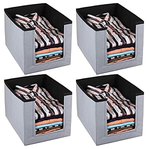 kuber industries non-woven foldable shirt stacker closet organizer with handles- pack of 4 black amp grey-hs43kubmart26542