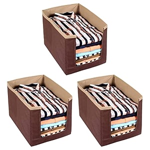 kuber industries non-woven foldable shirt stacker closet organizer with handles- pack of 3 brown-hs43kubmart26550