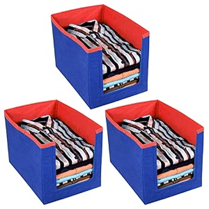 kuber industries non-woven foldable shirt stacker closet organizer with handles- pack of 3 red amp blue-hs43kubmart26530
