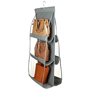 kuber industries non-woven handbag organizer 6 pockets for ladiesnon woven foldable bag organizer for wardrobetransparent with hanger grey