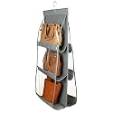 Kuber Industries Non-Woven Handbag Organizer 6 Pockets For Ladies|Non Woven Foldable Bag Organizer For Wardrobe|Transparent With Hanger (Grey)