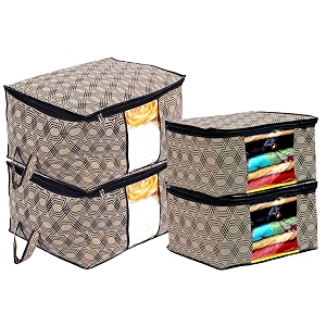 kuber industries non-woven honeycomb design 2 pieces underbed storage bag amp 2 pieces saree cover with transparent window pack of 4 cream