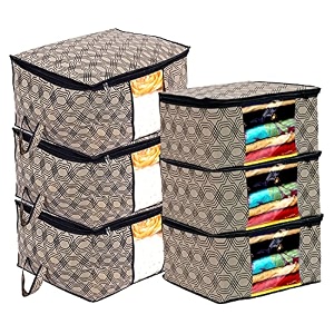 kuber industries non-woven honeycomb design 2 pieces underbed storage bag amp 2 pieces saree cover with transparent window pack of 4 cream