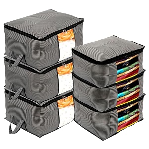 kuber industries non-woven lining print 3 pieces underbed storage bag amp 3 pieces saree cover with transparent window pack of 6 gray
