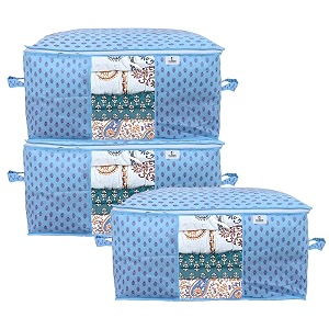 kuber industries non-woven metalic print underbed storage bagorganizer for clothes largenon-woven comforter blanket covertransparent window amp zipperside handlespack of 3 sky blue