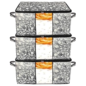 kuber industries metallic flower print foldable non woven fabric clothes storage bag wardrobe organizer with sturdy zipper clear window black kubmart16602 65x45x31 cm set of 3