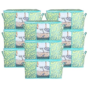 kuber industries non-woven metalic print underbed storage bagorganizer for clothes largenon-woven comforter blanket covertransparent window amp zipperside handlespack of 9 green