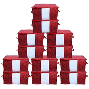 kuber industries non-woven metalic print underbed storage bagorganizer for clothes largenon-woven comforter blanket covertransparent window amp zipperside handlespack of 12 red