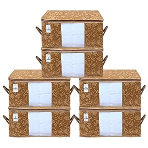 kuber industries non-woven metalic print underbed storage bagorganizer for clothes largenon-woven comforter blanket covertransparent window amp zipperside handlespack of 6 brown