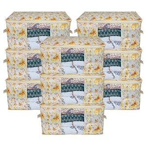 kuber industries non-woven metalic print underbed storage bagorganizer for clothes largenon-woven comforter blanket covertransparent window amp zipperside handlespack of 9 cream