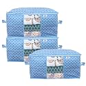 Kuber Industries Non-Woven Metalic Print Underbed Storage Bag|Organizer For Clothes Large|Non-Woven Comforter, Blanket Cover|Transparent Window &amp; Zipper|Side Handles|Pack Of 3 (Sky Blue)