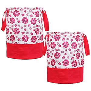kuber industries non-woven round laundry basket for clothesfloral print foldable toy storage organizerreinforced handle with sturdy base 45 ltrpack of 2 pink