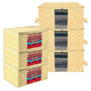 kuber industries saree cover amp underbed stoarge bag set  3 pieces saree amp 3 pieces underbed storage bag combo set  zipper closure amp handle  carry-design  set of 6  yellow