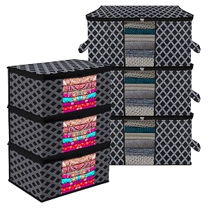 kuber industries saree cover amp underbed stoarge bag set  2 pieces saree amp 2 pieces underbed storage bag combo set  zipper closure amp handle  wooden-texture-design  set of 4  brown