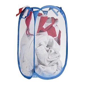 kuber industries nylon mesh laundry basketfoldable laundry bagnetted lightweight laundry organizerreinforced handle with sturdy base 342034ltrpack of 3 pink