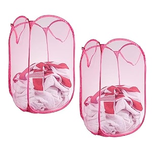 kuber industries nylon mesh laundry basketfoldable laundry bagnetted lightweight laundry organizerreinforced handle with sturdy base 342034ltrpack of 3 pink