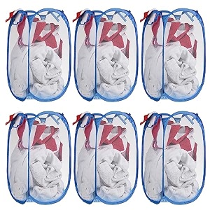 kuber industries nylon mesh laundry basketfoldable laundry bagnetted lightweight laundry organizerreinforced handle with sturdy base 342034ltrpack of 3 pink