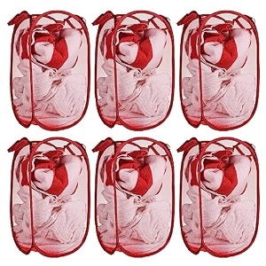 kuber industries nylon mesh laundry basketfoldable laundry bagnetted lightweight laundry organizerreinforced handle with sturdy base 343034ltr red
