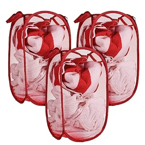 kuber industries nylon mesh laundry basketfoldable laundry bagnetted lightweight laundry organizerreinforced handle with sturdy base 343034ltrpack of 3 red